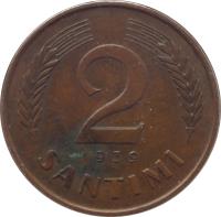 reverse of 2 Santimi (1937 - 1939) coin with KM# 11 from Latvia. Inscription: 2 SANTIMI 1939