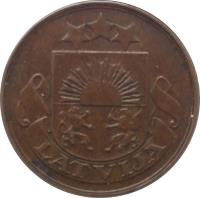 obverse of 2 Santimi (1922 - 1932) coin with KM# 2 from Latvia. Inscription: LATVIJA