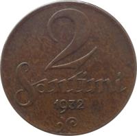 reverse of 2 Santimi (1922 - 1932) coin with KM# 2 from Latvia. Inscription: 2 SANTIMI 1932
