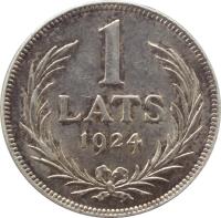 reverse of 1 Lats (1923 - 1924) coin with KM# 7 from Latvia. Inscription: 1 LATS 1924