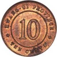 China coin 1 Jiao (1921) reverse reverse of 1 Jiao (1921) coin with Y# 414a from China. Inscription: KWANG-SI PROVINCE 10 TEN CENTS