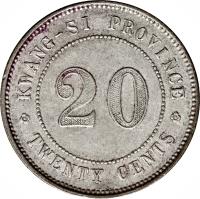 China coin 2 Jiao (1919 - 1925) reverse reverse of 2 Jiao (1919 - 1925) coin with Y# 415a from China. Inscription: KWANG-SI PROVINCE 20 TWENTY CENTS