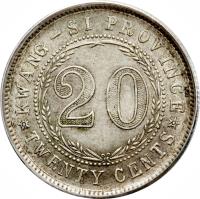 China coin 2 Jiao (1926 - 1927) reverse reverse of 2 Jiao (1926 - 1927) coin with Y# 415b from China. Inscription: KWANG-SI PROVINCE 20 TEN CENTS
