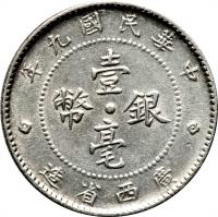 China coin 1 Jiao (1920) obverse obverse of 1 Jiao (1920) coin with Y# 414 from China. Inscription: 年九國民華中 壹 幣 銀 毫 造 省 西 廣
