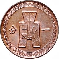 China coin 1 Fen (1948) reverse reverse of 1 Fen (1948) coin with Y# 363 from China.