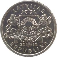 Latvia coin 1 Lats - Toad (2010) obverse obverse of 1 Lats - Toad (2010) coin with KM# 108 from Latvia. Inscription: LATVIJAS 20 10 REPUBLIKA
