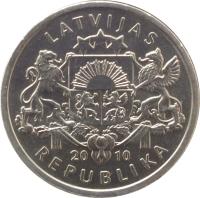 obverse of 1 Lats - Toad (2010) coin with KM# 108 from Latvia. Inscription: LATVIJAS 20 10 REPUBLIKA