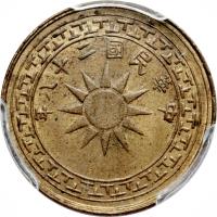 China coin 1 Fen - Shi Kwan Cent (1939) obverse obverse of 1 Fen - Shi Kwan Cent (1939) coin with Y# 353 from China. Inscription: 年八十二國民華中