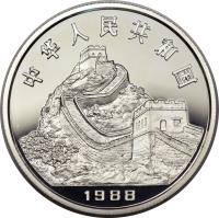 China coin 10 Yuan - Lunar Year Silver Bullion (1988) obverse obverse of 10 Yuan - Lunar Year Silver Bullion (1988) coin with KM# 193 from China.
