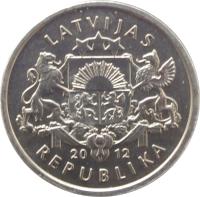 Latvia coin 1 Lats - Hedgehog (2012) obverse obverse of 1 Lats - Hedgehog (2012) coin with KM# 135 from Latvia. Inscription: LATVIJAS 20 12 REPUBLIKA