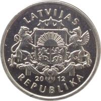 obverse of 1 Lats - Christmas bells (2012) coin with KM# 136 from Latvia. Inscription: LATVIJAS 20 12 REPUBLIKA