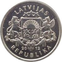 Latvia coin 1 Lats - Christmas bells (2012) obverse obverse of 1 Lats - Christmas bells (2012) coin with KM# 136 from Latvia. Inscription: LATVIJAS 20 12 REPUBLIKA