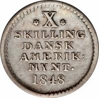 Danish West Indies coin 10 Skilling - Frederik VII (1848) reverse reverse of 10 Skilling - Frederik VII (1848) coin with KM# 20 from Danish West Indies.