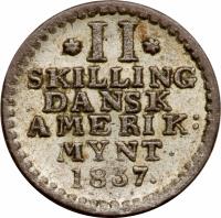 reverse of 2 Skilling - Frederik VI (1816 - 1837) coin with KM# 13 from Danish West Indies. Inscription: II SKILLING DANSK AMERIK: MYNT. 1816.