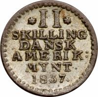 Danish West Indies coin 2 Skilling - Frederik VI (1816 - 1837) reverse reverse of 2 Skilling - Frederik VI (1816 - 1837) coin with KM# 13 from Danish West Indies. Inscription: II SKILLING DANSK AMERIK: MYNT. 1816.