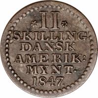 Danish West Indies coin 2 Skilling - Christian VIII (1847) reverse reverse of 2 Skilling - Christian VIII (1847) coin with KM# 18 from Danish West Indies. Inscription: II SKILLING DANSK AMERIK: MYNT. 1787.