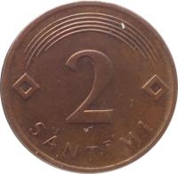 reverse of 2 Santimi (1992 - 2009) coin with KM# 21 from Latvia. Inscription: 2 SANTIMI