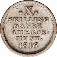 Danish West Indies coin 10 Skilling - Frederik VI (1816) reverse reverse of 10 Skilling - Frederik VI (1816) coin with KM# 14 from Danish West Indies. Inscription: X SKILLING DANSK AMERIK: MYNT. 1816.
