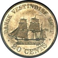 Danish West Indies coin 20 Cents - Christian IX (1878 - 1879) reverse reverse of 20 Cents - Christian IX (1878 - 1879) coin with KM# 71 from Danish West Indies. Inscription: DANSK VESTINDISK MØNT 20 CENTS