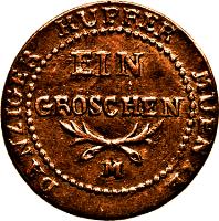 Danzig coin 1 Groschen - Friedrich Wilhelm III (1809 - 1812) reverse reverse of 1 Groschen - Friedrich Wilhelm III (1809 - 1812) coin with KM# 137 from Danzig. Inscription: DANZIGER KUPFER MUENZE EIN GROSCHEN M