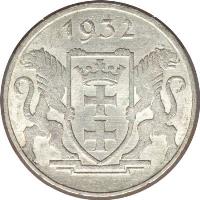 obverse of 5 Gulden (1932) coin with KM# 156 from Danzig. Inscription: 1932