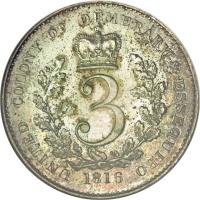 reverse of 3 Guilder - George III (1816) coin with KM# 15 from Demerara and Essequibo. Inscription: UNITED COLONY OF DEMERARY & ESSEQUIBO 3 1816