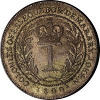 reverse of 1 Guilder - George III (1809) coin with KM# 6 from Demerara and Essequibo. Inscription: COLONIES OFESSEQUEBO&DEMERARY TOKEN 1 1809