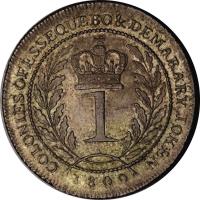 Demerara and Essequibo coin 1 Guilder - George III (1809) reverse reverse of 1 Guilder - George III (1809) coin with KM# 6 from Demerara and Essequibo. Inscription: COLONIES OFESSEQUEBO&DEMERARY TOKEN 1 1809