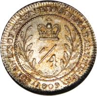 reverse of 1/4 Gulden - George III (1809) coin with KM# 4 from Demerara and Essequibo. Inscription: COLONIESOFESSEQUEBO&DEMERARYTOKEN -/4 1809