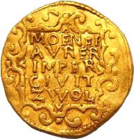 Dutch Republic coin 1 Ducat - Ferdinand II - Trade Coinage (1630 - 1638) reverse reverse of 1 Ducat - Ferdinand II - Trade Coinage (1630 - 1638) coin with KM# 30 from Dutch Republic. Inscription: MOENEI AVRER IMPER CIVIT ZWOL