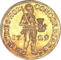 Dutch Republic coin 1 Dukaat (1603 - 1792) obverse obverse of 1 Dukaat (1603 - 1792) coin with KM# 12 from Dutch Republic. Inscription: CONCORDIA RES PAR CRES HOL