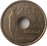 reverse of 25 Pesetas - Juan Carlos I - Melilla (1997) coin with KM# 983 from Spain. Inscription: 25 PTAS MELILLA 1497-1997