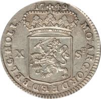 Dutch Republic coin 10 Stuivers (1748 - 1762) obverse obverse of 10 Stuivers (1748 - 1762) coin with KM# 95 from Dutch Republic. Inscription: MO: ARG : ORD: FÆD: BELG : HOLL :