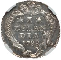 Dutch Republic coin 1 Duit (1768 - 1788) reverse reverse of 1 Duit (1768 - 1788) coin with KM# 101a from Dutch Republic. Inscription: ZELAN DIA 1788