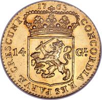 Dutch Republic coin 14 Guilder (1760 - 1763) reverse reverse of 14 Guilder (1760 - 1763) coin with KM# 101 from Dutch Republic. Inscription: CONCORDIA RES PARVÆ CRESCUNT 1763 14 GL.