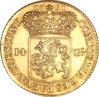 Dutch Republic coin 14 Guilder (1749 - 1763) reverse reverse of 14 Guilder (1749 - 1763) coin with KM# 104 from Dutch Republic.