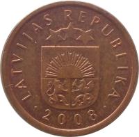 obverse of 1 Santims (1992 - 2008) coin with KM# 15 from Latvia. Inscription: LATVIJAS REPUBLIKA · 2008 ·