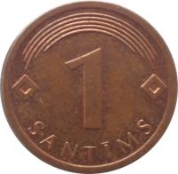 reverse of 1 Santims (1992 - 2008) coin with KM# 15 from Latvia. Inscription: 1 SANTIMS