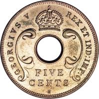 obverse of 5 Cents - George V (1920) coin with KM# 13 from British East Africa. Inscription: GEORGIVS V REX ET IND:IMP FIVE CENTS H