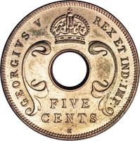British East Africa coin 5 Cents - George V (1920) obverse obverse of 5 Cents - George V (1920) coin with KM# 13 from British East Africa. Inscription: GEORGIVS V REX ET IND:IMP FIVE CENTS H