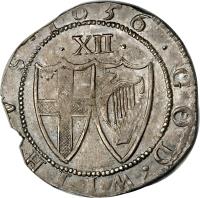 England coin 1 Shilling - The Commonwealth of England (1649 - 1660) reverse reverse of 1 Shilling - The Commonwealth of England (1649 - 1660) coin with SP# 3217 from England. Inscription: 1 6 3 2 · G O D · W I T H · V S · · XII ·