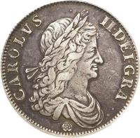 England coin 1 Crown - Charles II (1662) obverse obverse of 1 Crown - Charles II (1662) coin with SP# 3351 from England. Inscription: CAROLVS · II · DEI · GRATIA .