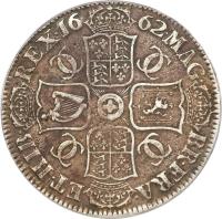 England coin 1 Crown - Charles II (1662) reverse reverse of 1 Crown - Charles II (1662) coin with SP# 3351 from England. Inscription: MAG · BR · FRA · ET · HIB · REX · 16 62 · CC CC CC CC