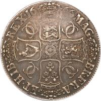 England coin 1 Crown - Charles II - 2'nd Portrait (1664 - 1666) reverse reverse of 1 Crown - Charles II - 2'nd Portrait (1664 - 1666) coin with SP# 3355 from England. Inscription: MAG · BR · FRA · ET · HIB · REX · 16 66 · CC CC CC CC