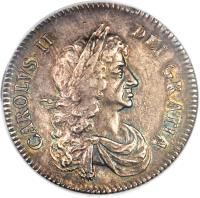 England coin 1/2 Crown - Charles II (1666 - 1672) obverse obverse of 1/2 Crown - Charles II (1666 - 1672) coin with SP# 3366 from England. Inscription: CAROLVS · II · DEI · GRATIA