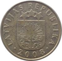 Latvia coin 10 Santimu (1992 - 2008) obverse obverse of 10 Santimu (1992 - 2008) coin with KM# 17 from Latvia. Inscription: LATVIJAS REPUBLIKA · 2008 ·