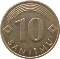 reverse of 10 Santimu (1992 - 2008) coin with KM# 17 from Latvia. Inscription: 10 SANTIMU