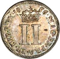 England coin 2 Pence - James II - Maundy Coinage (1686 - 1688) reverse reverse of 2 Pence - James II - Maundy Coinage (1686 - 1688) coin with SP# 3416 from England. Inscription: MAG · BR · FRA · ET · HIB · REX · 16 86 · II