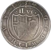 England coin 1/2 Crown - The Commonwealth of England (1649 - 1660) reverse reverse of 1/2 Crown - The Commonwealth of England (1649 - 1660) coin with SP# 3215 from England. Inscription: · GOD · WITH · V S · 1654