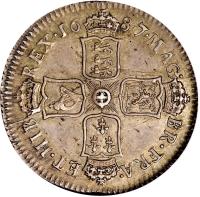 England coin 1 Shilling - James II (1685 - 1688) reverse reverse of 1 Shilling - James II (1685 - 1688) coin with SP# 3410 from England. Inscription: MAG · BR · FRA · ET · HIB REX · 16 85 ·